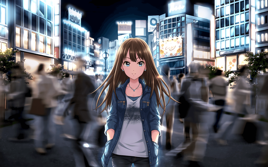 Обои на рабочий стол Сибуя Рин / Шибуя / Shibuya Rin из аниме Идолмастер: Девушки-Золушки / Idolmaster / THE iDOLM@STER: Cinderella Girls гуляет по ночному городу