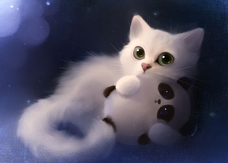 Обои на рабочий стол Белый пушистый котенок держит в лапах игрушку - панду, by Apofiss