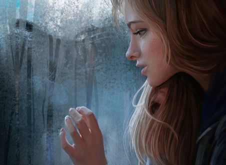 Обои на рабочий стол Девушка у окна с каплями от дождя, by Mandy Jurgens
