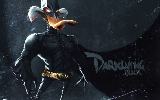 Обои на рабочий стол Черный Плащ / Темное Крыло / Darkwing Duck, персонаж одноименного мультсериала компании Уолта Диснея / Walt Disney в костюме Бэтмена зловеще улыбается