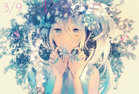 Обои на рабочий стол Vocaloid Hatsune Miku / Вокалоид Хацунэ Мику с голубыми цветами