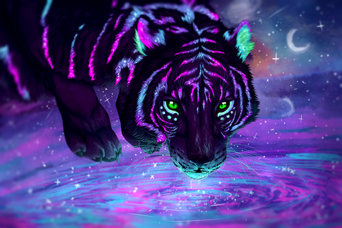 Обои на рабочий стол Фантастический тигр у воды, by Gaia-Arts