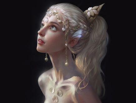 Обои на рабочий стол Портрет девушки-эльфа на черном фоне, by Qi Wu