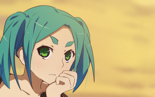 Обои на рабочий стол Задумчивая Ононоки Ёцуги / Yotsugi Ononoki из серии аниме Monogatari на желтом фоне, автор Servachok