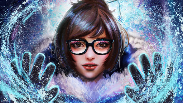 Обои на рабочий стол Девушка в очках держит руки перед собой, Mei из игры Overwatch / Дозор, by Asteltainn