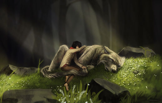 Обои на рабочий стол Девушка и огромный волк спят на лесной поляне, by Hidatsenka