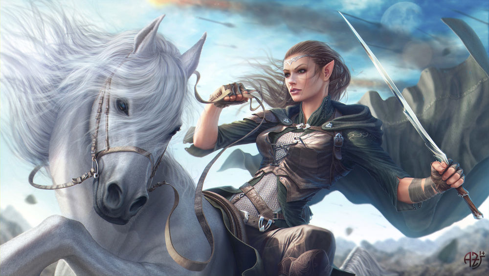 Обои для рабочего стола Девушка-воин на белой лошади с мечом в руке