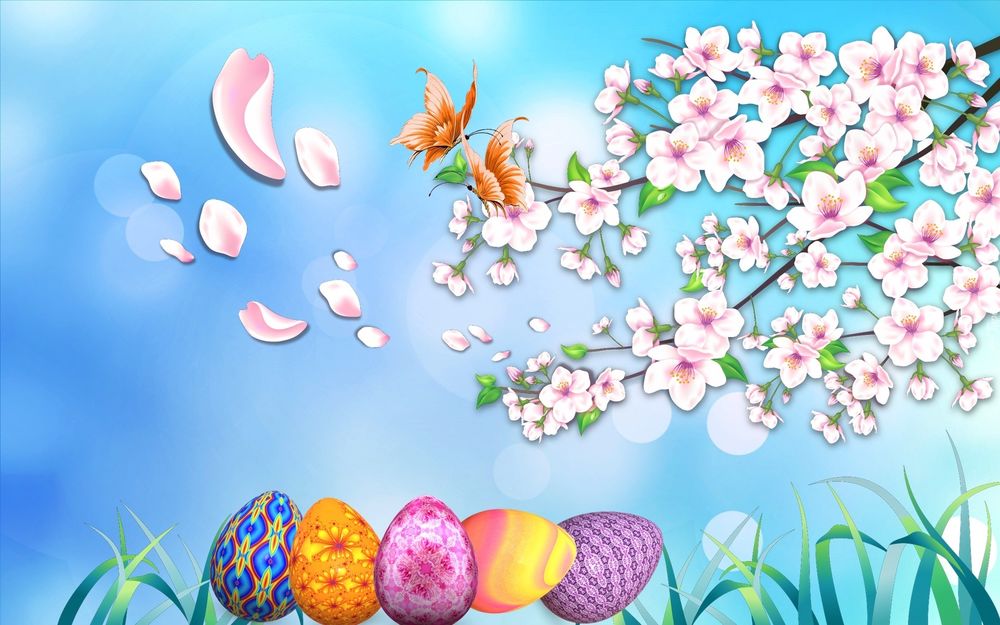 Обои для рабочего стола Разноцветные пасхальные яйца в траве, под цветущей веточкой, на которой порхают бабочки, на фоне голубого неба
