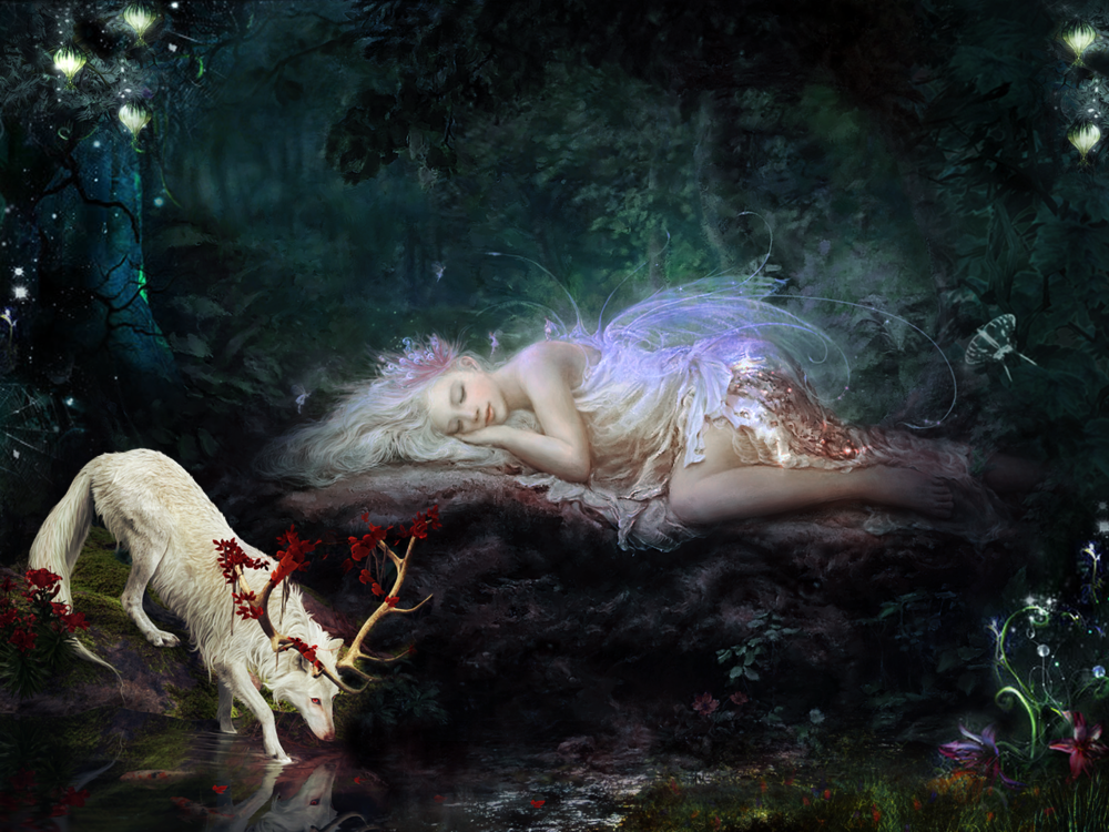 Обои для рабочего стола Белокурая девушка - мотылек спит на камне, рядом с ней у воды стоит белый волк с рогами, на фоне волшебного леса