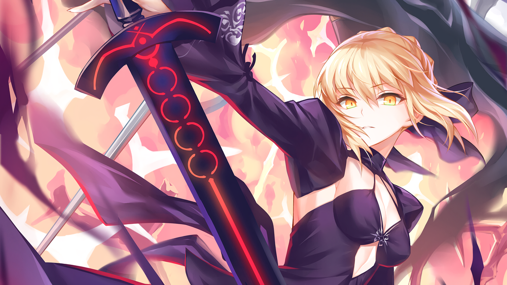 Обои для рабочего стола Сейбер Альтер / Saber Alter / Dark Saber из визуальной новеллы Fate / stay night с мечом в руке, автор оригинала Kousaki Rui