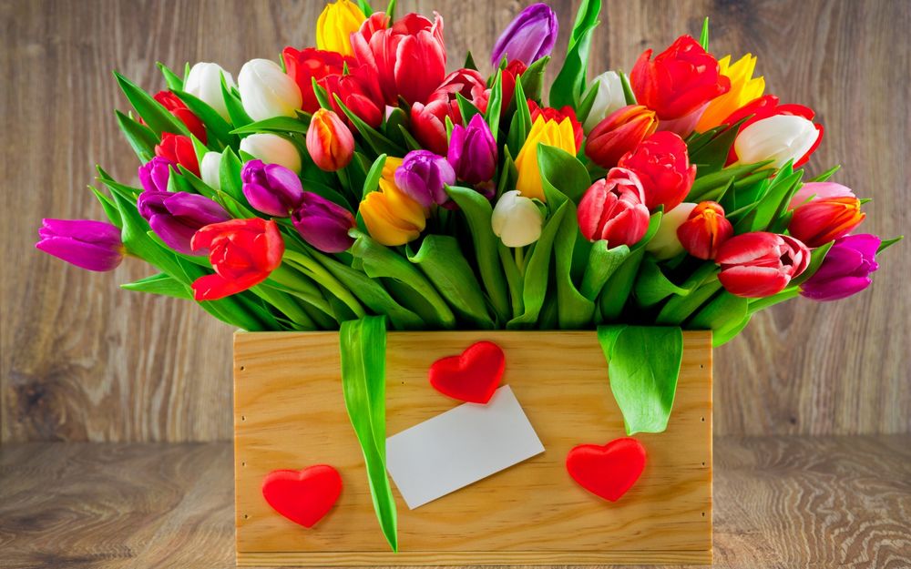 Обои для рабочего стола Большой букет разноцветных тюльпанов в деревянном ящике с сердечками