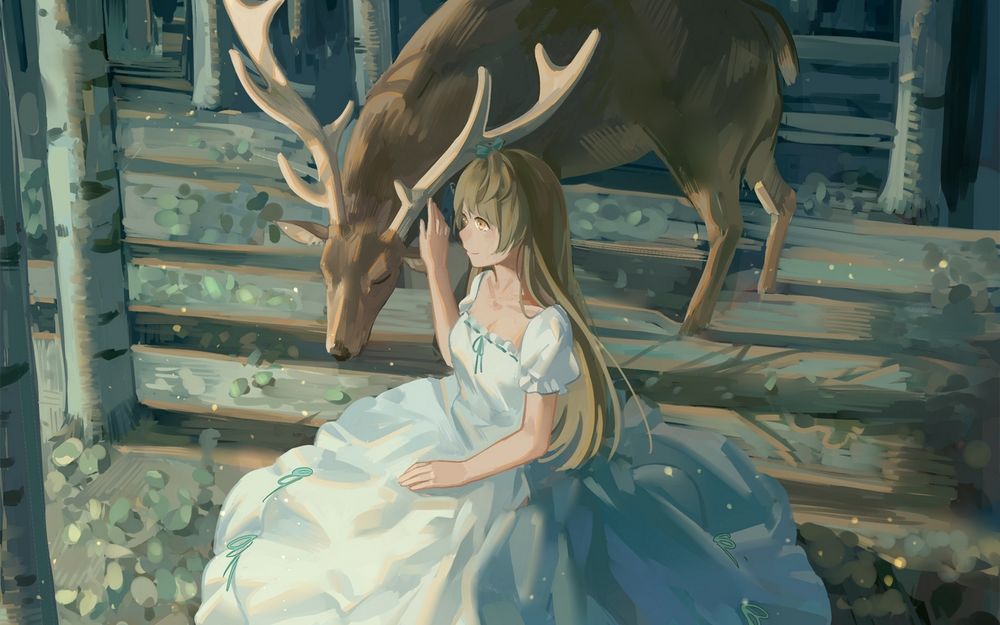 Обои для рабочего стола Котори Минами / Kotori Minami сидит возле оленя, персонаж из аниме Живая любовь! Проект «Школьный идол» / Love Live! School Idol Project