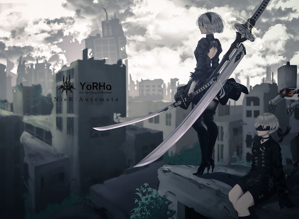 Обои для рабочего стола YoRHa №2 тип B и YoRHa №9 тип S из игры NieR: Automata, автор Saitou