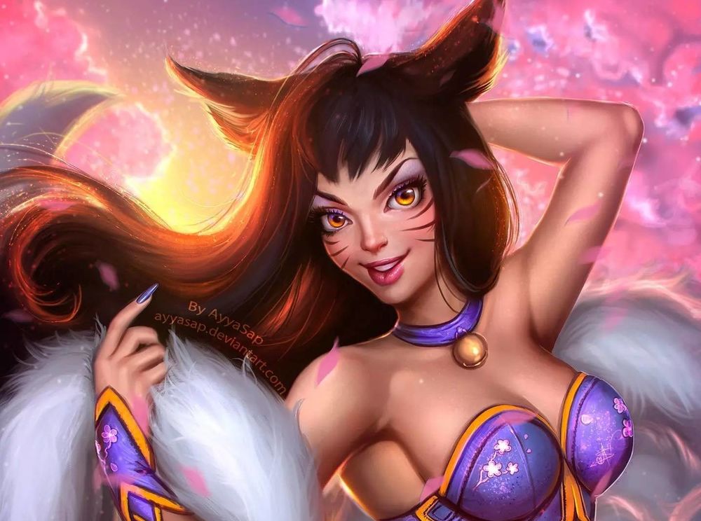 Обои для рабочего стола Ahri LOL-девушка Ари с ушками и хвостом, by AyyaSap