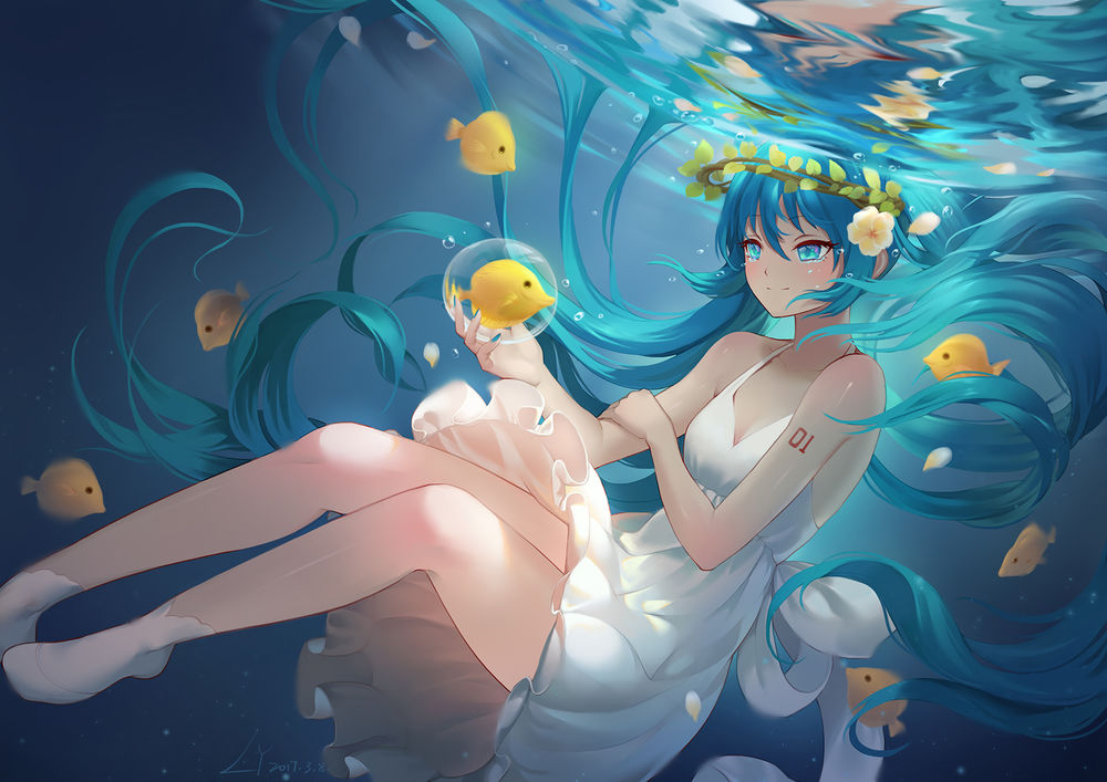 Обои для рабочего стола Вокалоид Мику Хацунэ / Hatsune Miku под водой в окружении рыб, автор Lianyaoly
