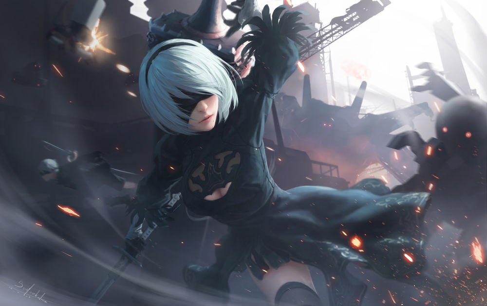 Обои для рабочего стола YoRHa №2 тип B и YoRHa №9 тип S из игры NieR: Automata, автор &;&;&;&;&;
