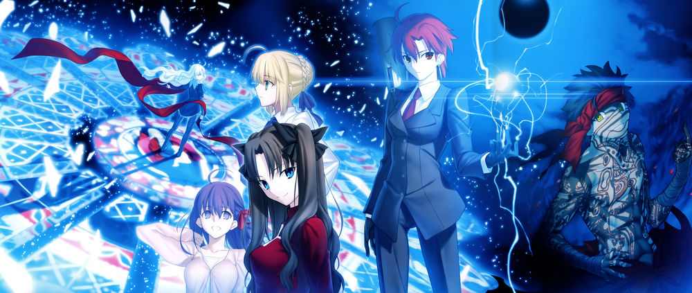 Обои для рабочего стола Персонажи визуальной новеллы Fate / Hollow Ataraxia: Карен Ортензия / Карэн Гортензия / Caren Hortensia / Karen Ortensia, Сакура Мато / Matou Sakura, Сейбер / Сэйбер / Saber, Рин Тосака / Toosaka Rin / Tohsaka Rin, Базетт Фрага МакРемитц / Bazett Fraga McRemitz и Эвенджер / Avenger