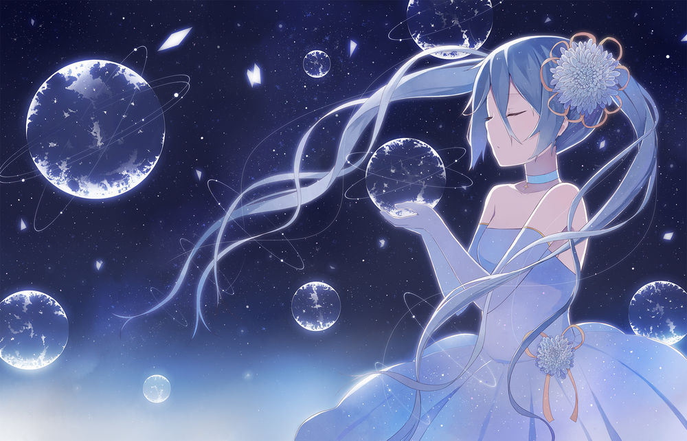 Обои для рабочего стола Вокалоид Мику Хацунэ / Hatsune Miku держит в руках планету