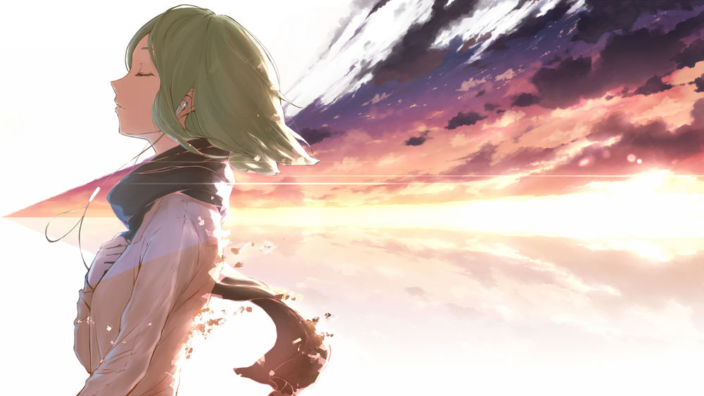 Обои для рабочего стола Vocaloid Gumi Megpoid / Вокалоид Гуми Мэгпоид в наушниках слушает музыку, на фоне заката