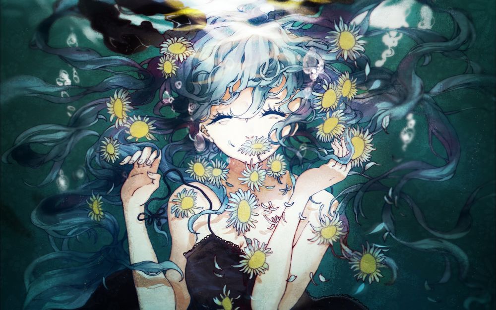 Обои для рабочего стола Вокалоид Хатсуне Мику / Vocaloid Hatsune Miku под водой в окружении ромашек, by Dizi930