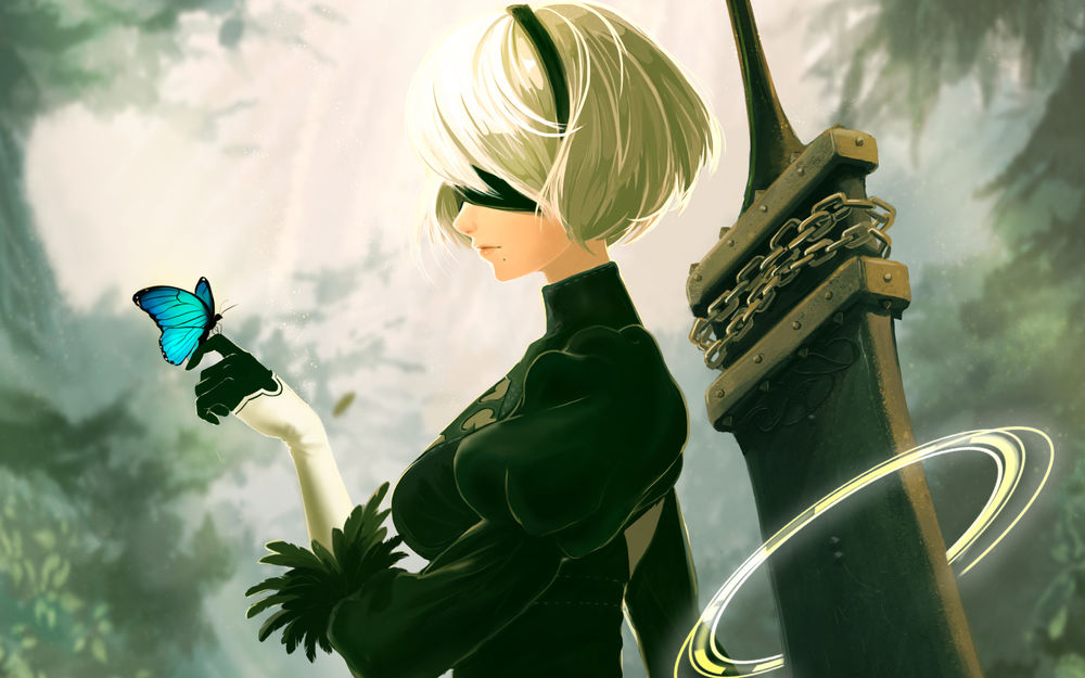 Обои для рабочего стола YoRHa №2 тип B с бабочкой на пальце из игры NieR: Automata, автор Ioruko