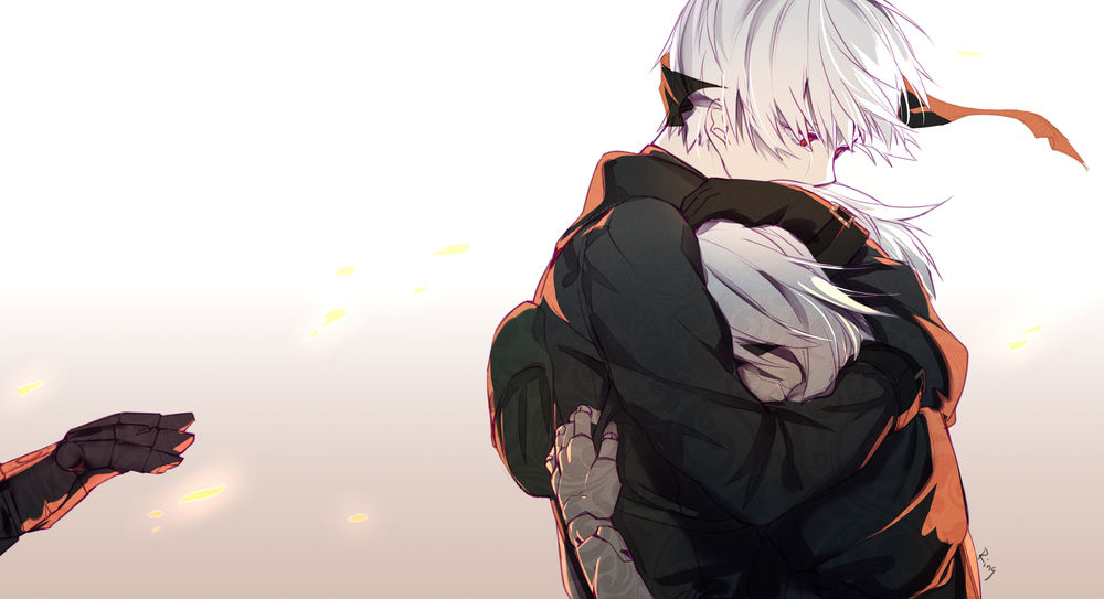 Обои для рабочего стола YoRHa №2 тип B и YoRHa №9 тип S из игры NieR: Automata обнимаются, автор Quan Jiang