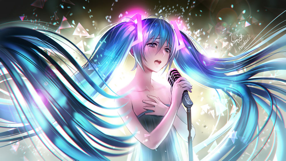 Обои для рабочего стола Вокалоид Хатсуне Мику / Vocaloid Hatsune Miku стоит у микрофона, by Foomidori