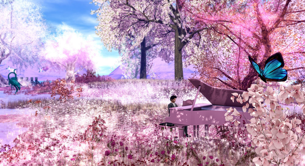 Обои для рабочего стола Парень за роялем в окружении цветущей весенней природы, by Strawberry Singh