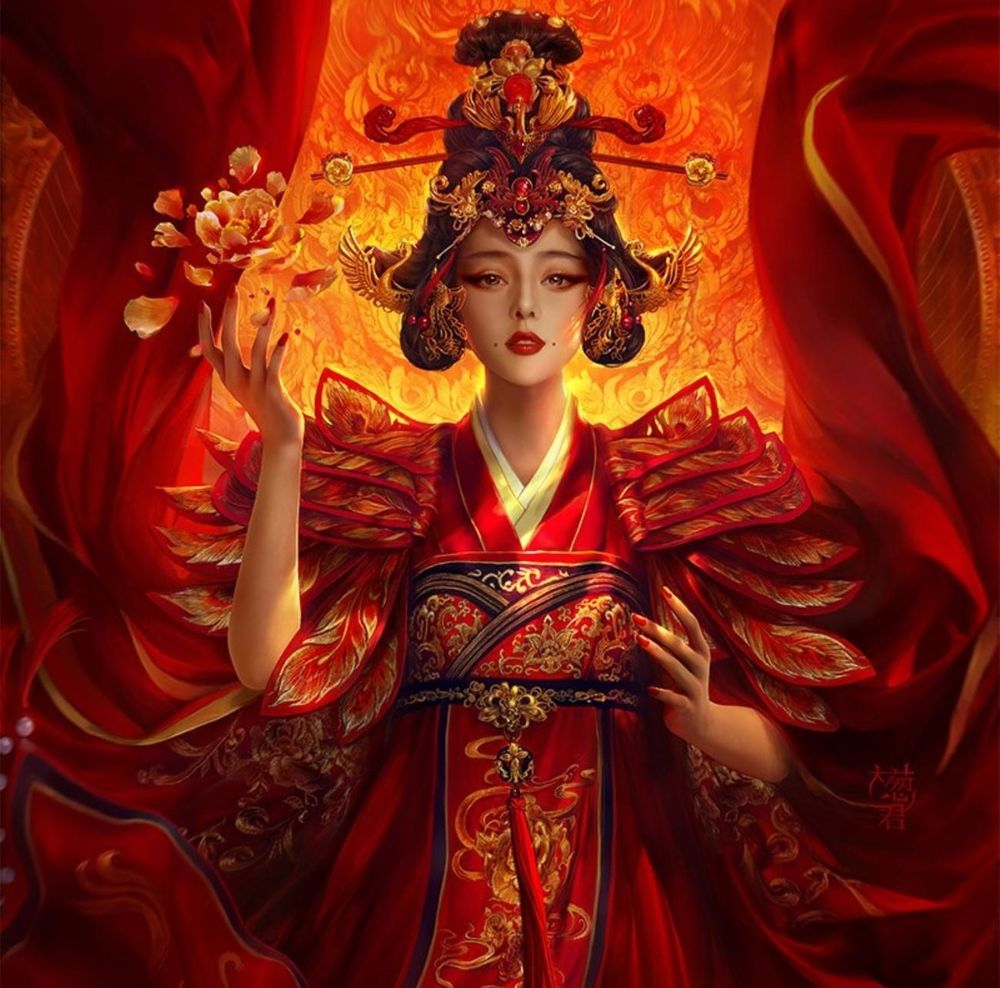 Обои для рабочего стола Девушка китаянка, в красном одеянии, с украшениями, by XZFSHAO