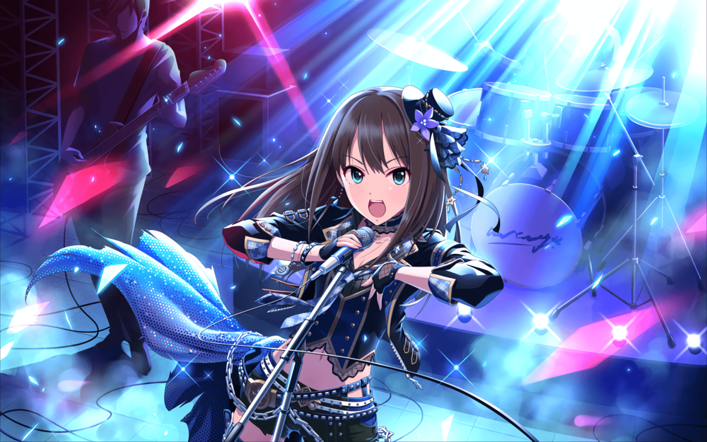 Обои для рабочего стола Рин Сибуя / Шибуя / Shibuya Rin из аниме Идолмастер: Девушки-Золушки / Idolmaster / THE iDOLM@STER: Cinderella Girls поет на сцене