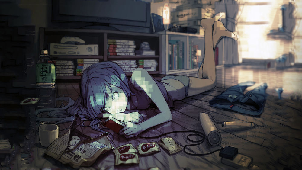 Обои для рабочего стола Аниме девушка лежит на полу смотря в телефон