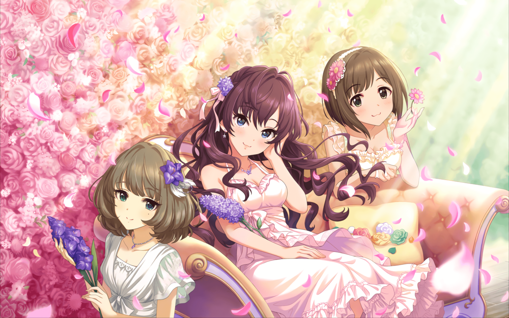 Обои для рабочего стола Шики Ичиносэ / Ichinose Shiki, Каэдэ Такагаки / Takagaki Kaede и Мику Маэкава / Maekawa Miku из аниме Идолмастер: Девушки-Золушки / Idolmaster / THE iDOLM@STER: Cinderella Girls сидят на фоне стены из цветов