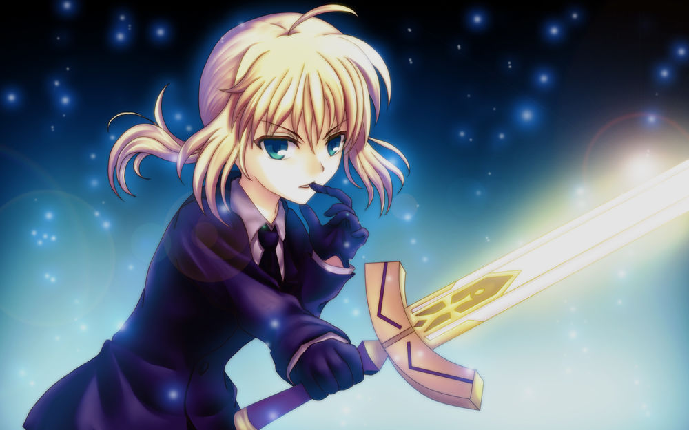 Обои для рабочего стола Сэйбер / Сейбер / Saber из аниме Судьба: начало / Fate / Zero в деловом костюме и с мечем, автор Niao Niao Zi