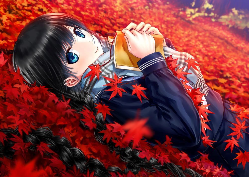 Обои для рабочего стола Девушка с теплой одежде лежит с книгой в руках на осенних листьях, автор Кazuharu Кina