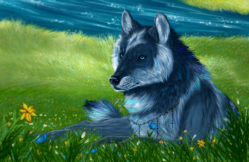 Обои для рабочего стола Волк лежит на поляне с цветами, by Gaia-Arts