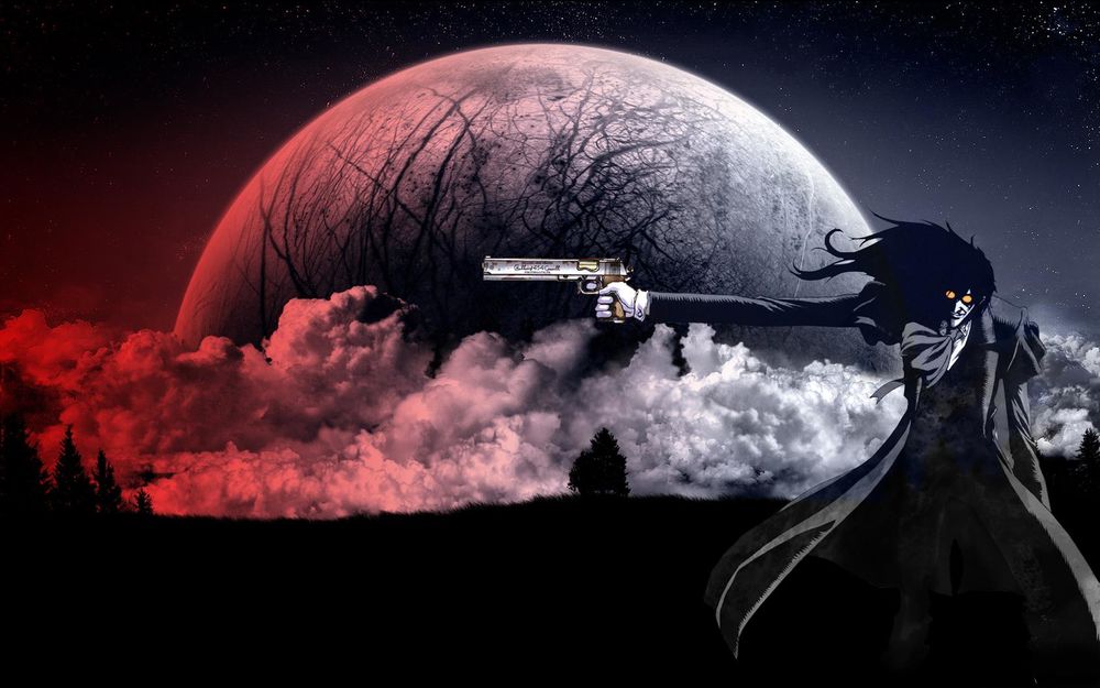 Обои для рабочего стола Алукард / Alucard стреляет на фоне луны и облаков из аниме Хеллсинг / Hellsing