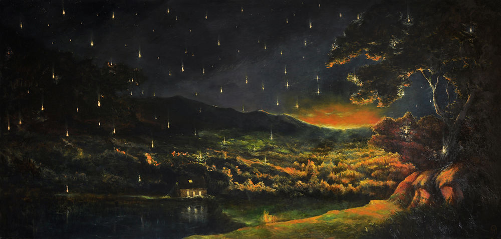 Обои для рабочего стола Сказочный пейзаж домика у озера, освещаемого звездопадом на фоне ночного неба, by monochrome-21