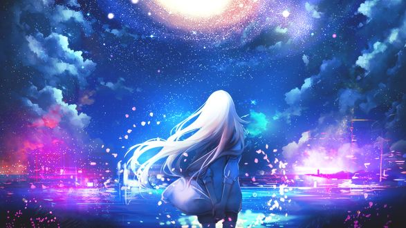 Обои на рабочий стол Рэйчел Гарднер / Rachel Gardner из аниме Ангел Кровопролития / Satsuriku no Tenshi в окружении лепестков сакуры стоит у воды любуясь звездным небом