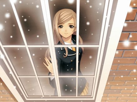 Обои на рабочий стол Тока Курэха / Touka Kureha из аниме Сверкающие слезы и ветер / Shining Tears X Wind любуется снегопадом из окна