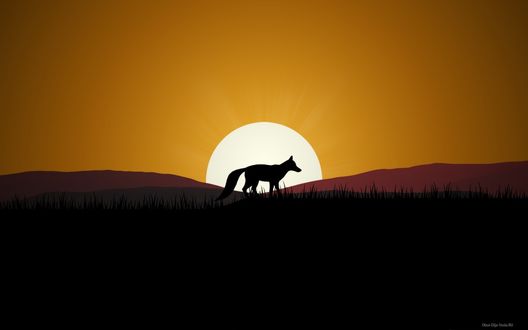 Обои на рабочий стол Лиса на фоне заходящего солнца