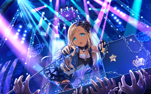 Обои на рабочий стол Лайла / Layla из аниме Идолмастер: Девушки-Золушки / Idolmaster / THE iDOLM@STER: Cinderella Girls выступает на рок-концерте