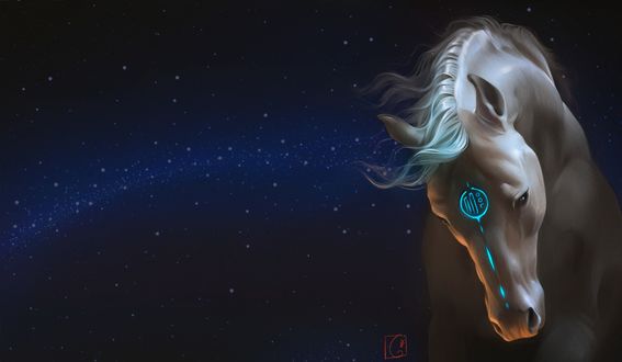 Обои на рабочий стол Фантастическая белая лошадь на фоне звездного неба, художник Александра Хитрова