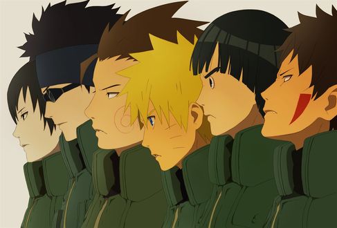 Обои на рабочий стол Naruto Uzumaki / Узумаки Наруто, Sai Akashi, Kiba Inuzuka, Rock Lee, Chouji Akimichi и Shino Aburame из аниме Naruto / Наруто