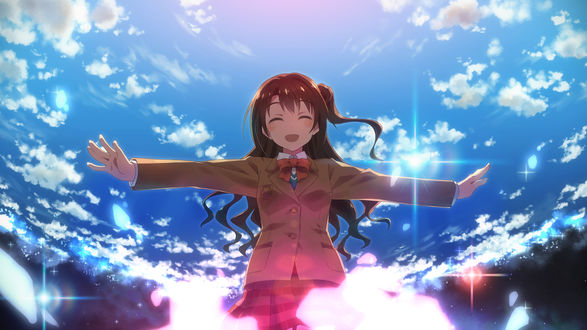 Обои на рабочий стол Узуки Шимамура / Shimamura Uzuki из аниме Девушки - золушки / Cinderella Girls, стоит расставив руки в разные стороны на фоне ясного неба