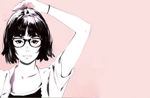 Обои на рабочий стол Девушка в очках держит руку на голове, by Kuvshinov Ilya