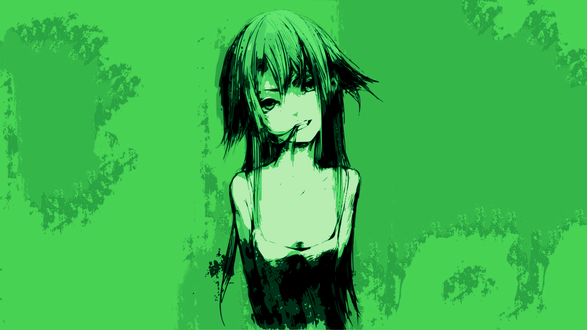 Обои на рабочий стол Сая из визуальной новеллы Песнь Саи / Saya no Uta в зеленых тонах, жует свои волосы