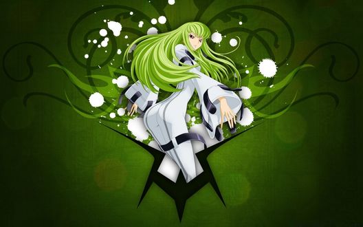Обои на рабочий стол Си Си / C. C. / C2 / Shii Tsuu из серии аниме и манги Код Гиас / Code Geass демонстрирует свою внушительную попку на зеленом фоне с узорами