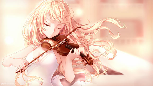 Обои на рабочий стол Каори Миязоно / Kaori Miyazono из аниме Твоя апрельская ложь / Shigatsu wa Kimi no Uso, с закрытыми глазами играет на скрипке