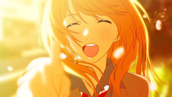 Обои на рабочий стол Смеющаяся Каори Миязоно / Kaori Miyazono из аниме Твоя апрельская ложь / Shigatsu wa Kimi no Uso