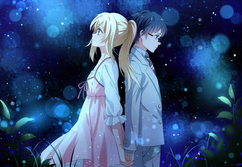 Обои на рабочий стол Косэй Арима / Kousei Arima и Каори Миязоно / Kaori Miyazono стоят друг к другу спиной на фоне ночного неба, персонажи из аниме Твоя апрельская ложь / Shigatsu wa Kimi no Uso